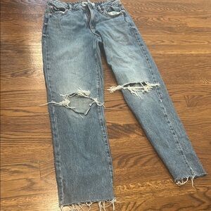 Garage Blue Straight Leg Jeans with Frayed Hem